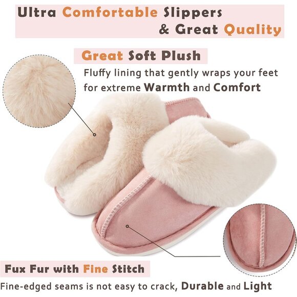 Women's Light Pink Winter Warm Fluffy Cozy Memory Foam Slip On Slippers Shoes - Picture 4 of 6
